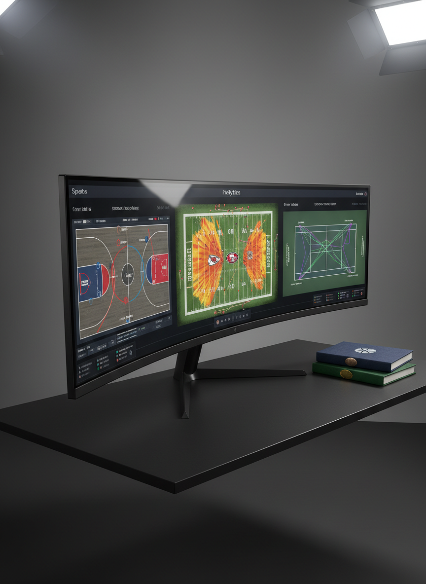 A large ultra-wide curved monitor on a minimalist black desk shows a bold, full-screen sports analytics dashboard that combines NBA shot maps, NFL play heatmaps, and live tennis rally charts, all in vivid team colors. Beside the monitor sit three neatly stacked notebooks with embossed icons of a basketball, a football, and a tennis racket on textured navy, charcoal, and forest-green covers. Cool white studio lighting from above creates controlled highlights on the screen’s glossy bezel and subtle shadows under the desk. The scene is framed from a slightly elevated angle using the rule of thirds, emphasizing the main display while leaving negative space around it. The atmosphere is precise, data-driven, and high-tech, with photographic realism and a polished, professional mood suitable for a sports analytics blog header.